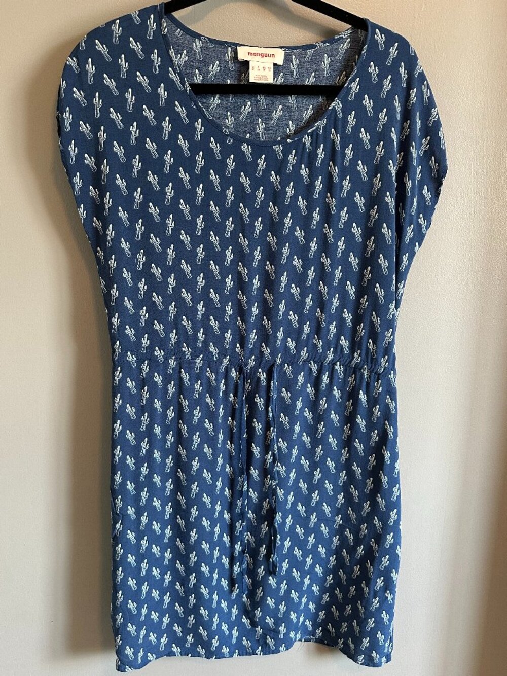 Manguun Blue Summer Shift Dress with drawstring waist & cactus motif Women's 12